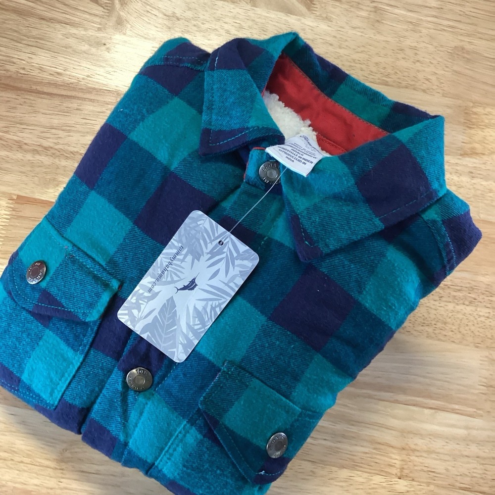 Tommy Bahama‎ Jacket Boys Medium 7/8 Blue/green Plaid Sherpa Lined Snap Shacket